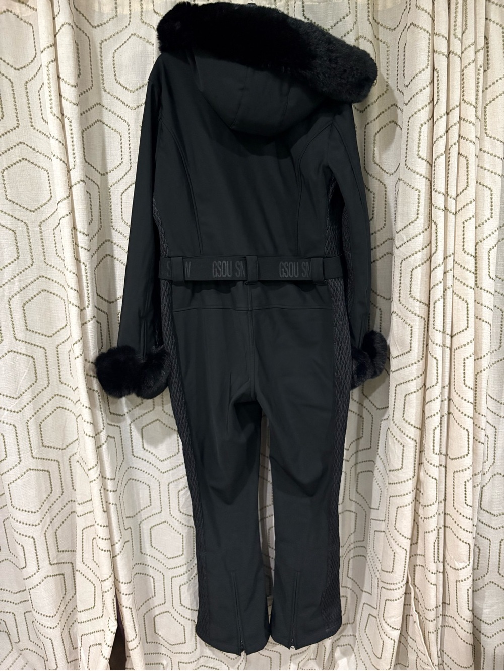 GSOU SNOW Black Faux Fur Shirred Waterproof One-Piece Ski Suit Size L - Picture 12 of 14